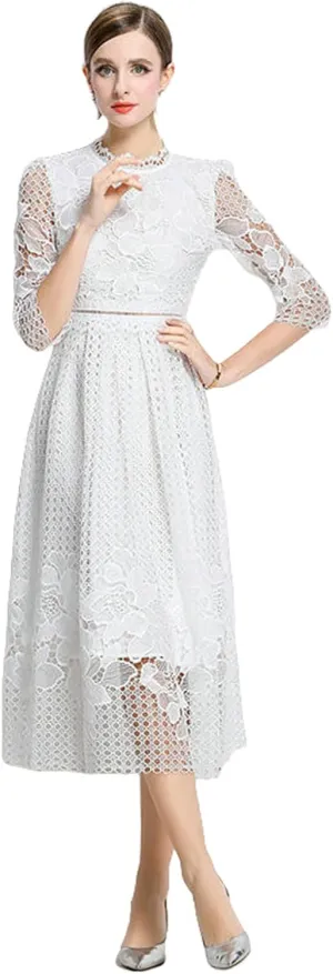 Women's Slimming Hollowed-Out Water-Soluble Lace Printed Mid-Sleeve Midi Dress
