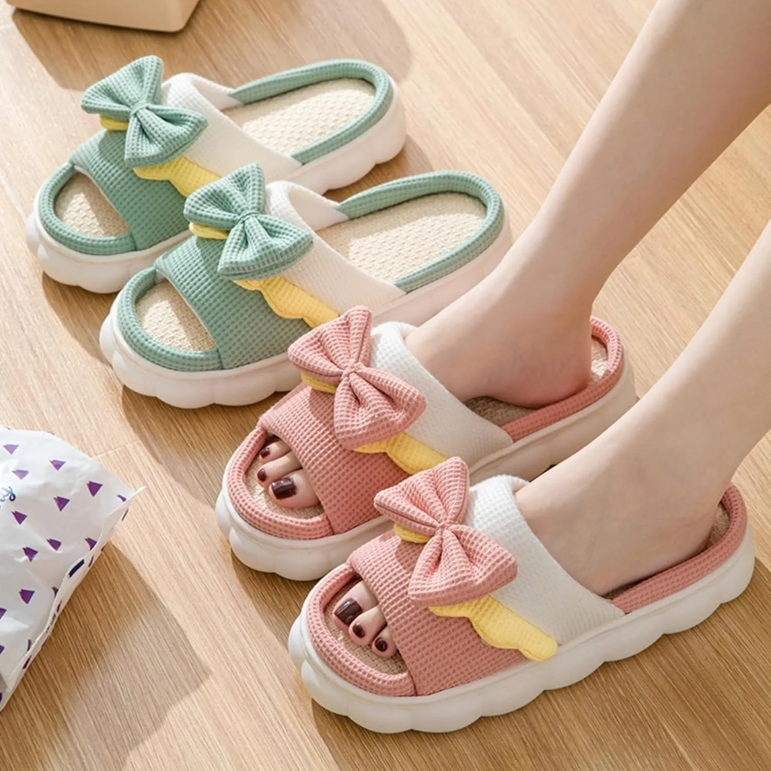 Women's Slippers Linen Four Seasons Home Slippers Bow Tie Comfy Slippers Indoor Slippers Lightweight Soft Slippers House Slippers Outdoor Open Toe Summer Shoes