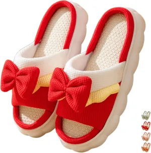 Women's Slippers Linen Four Seasons Home Slippers Bow Tie Comfy Slippers Indoor Slippers Lightweight Soft Slippers House Slippers Outdoor Open Toe Summer Shoes