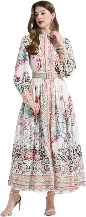 Women's Spring Vintage Court Style Stand Collar Retro Print Lantern Sleeve Long Dress