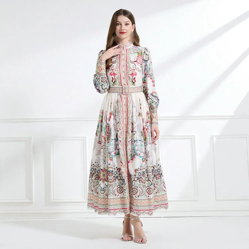 Women's Spring Vintage Court Style Stand Collar Retro Print Lantern Sleeve Long Dress
