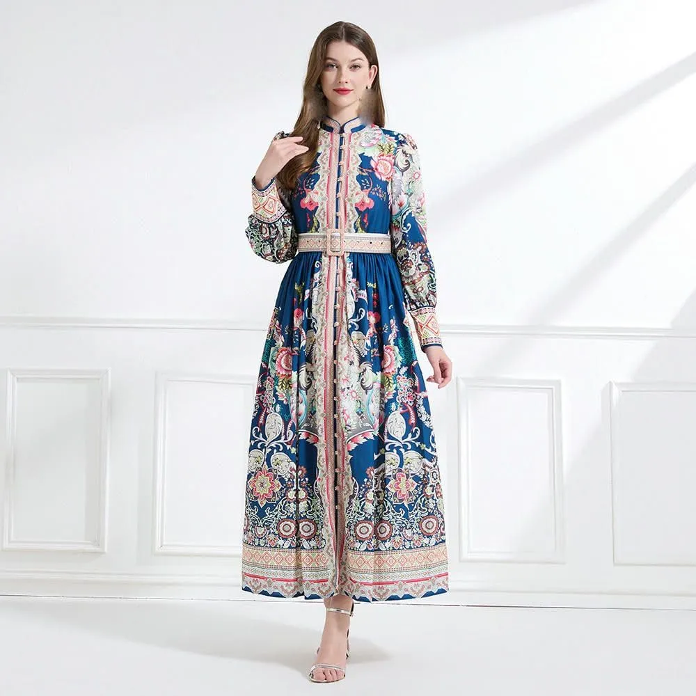 Women's Spring Vintage Court Style Stand Collar Retro Print Lantern Sleeve Long Dress