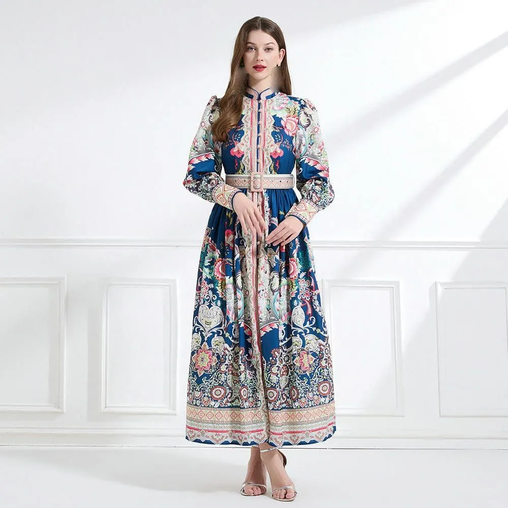 Women's Spring Vintage Court Style Stand Collar Retro Print Lantern Sleeve Long Dress