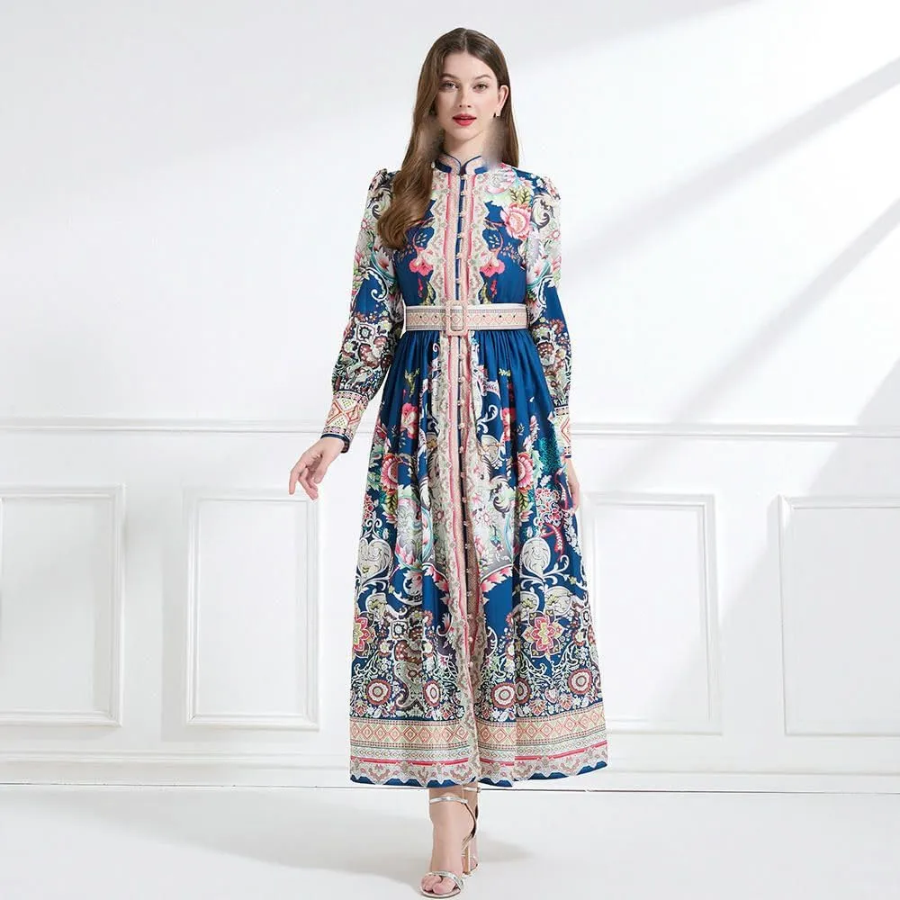 Women's Spring Vintage Court Style Stand Collar Retro Print Lantern Sleeve Long Dress