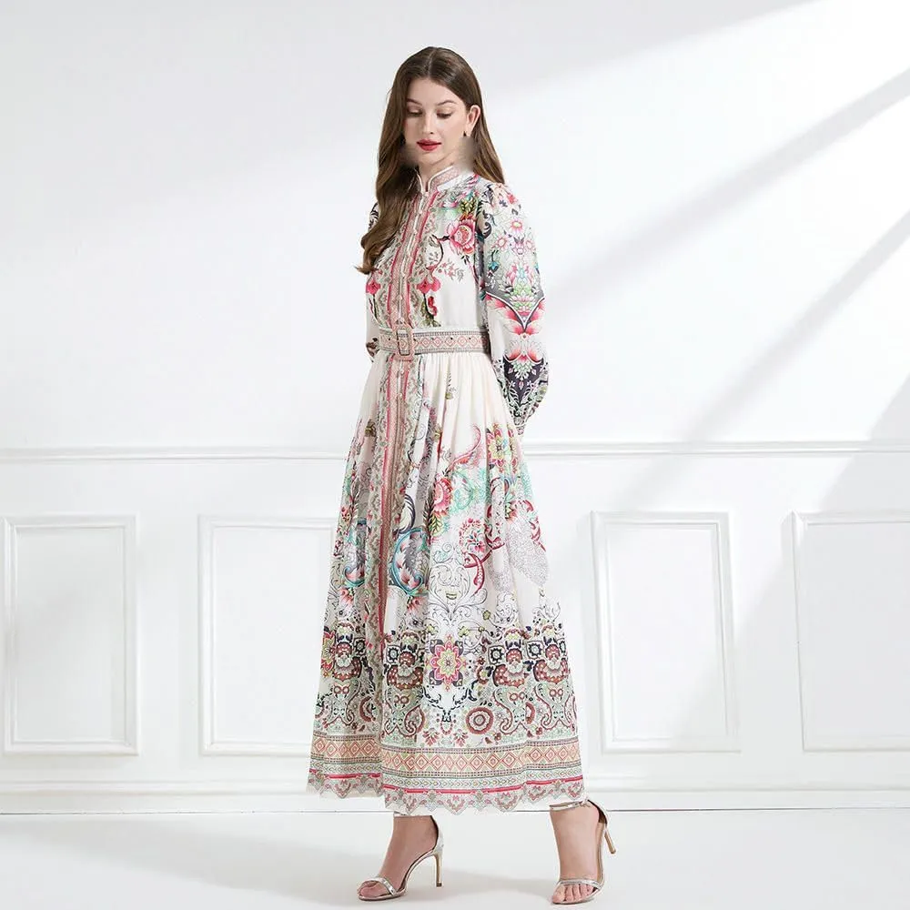 Women's Spring Vintage Court Style Stand Collar Retro Print Lantern Sleeve Long Dress