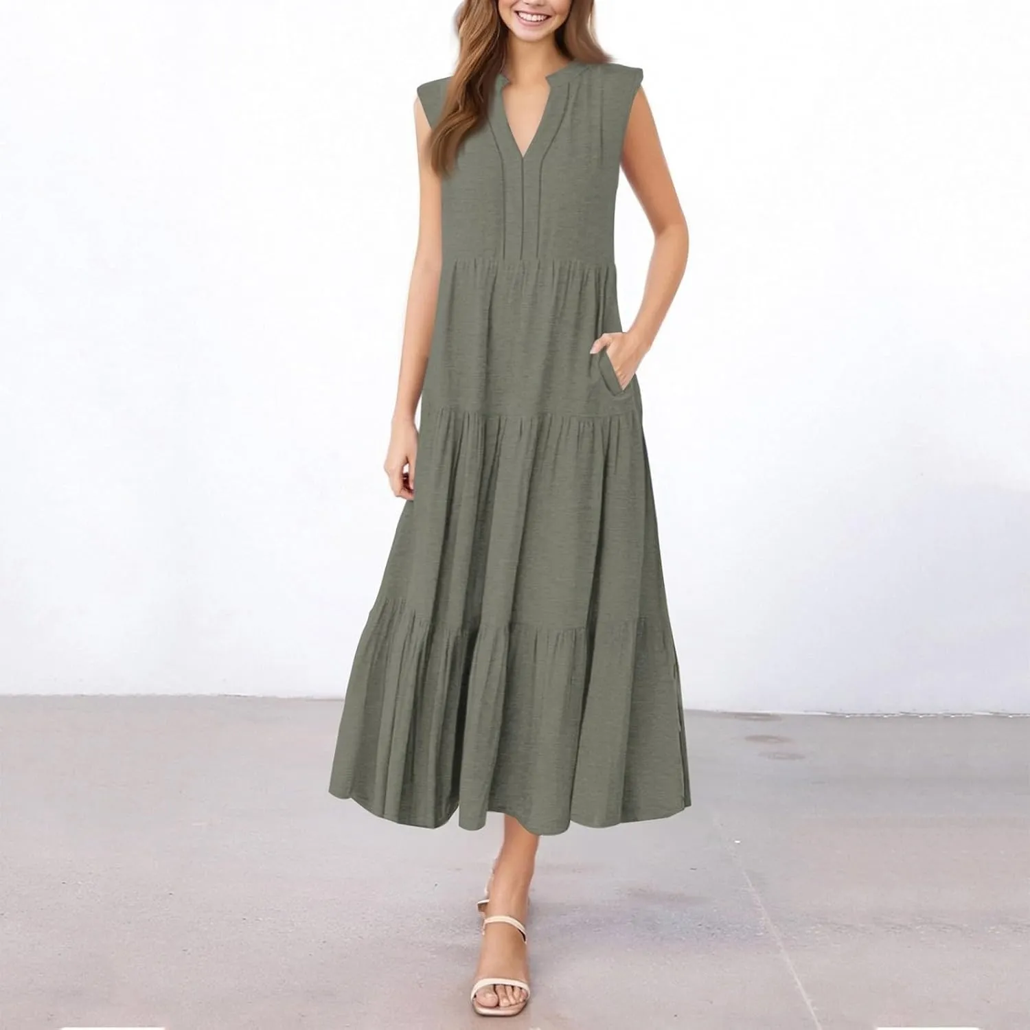 Womens Summer Casual Sleeveless V Neck Maxi Dress 2025 Spring Tie Waist A-Line Flowy Tiered Boho Long Beach Sundress