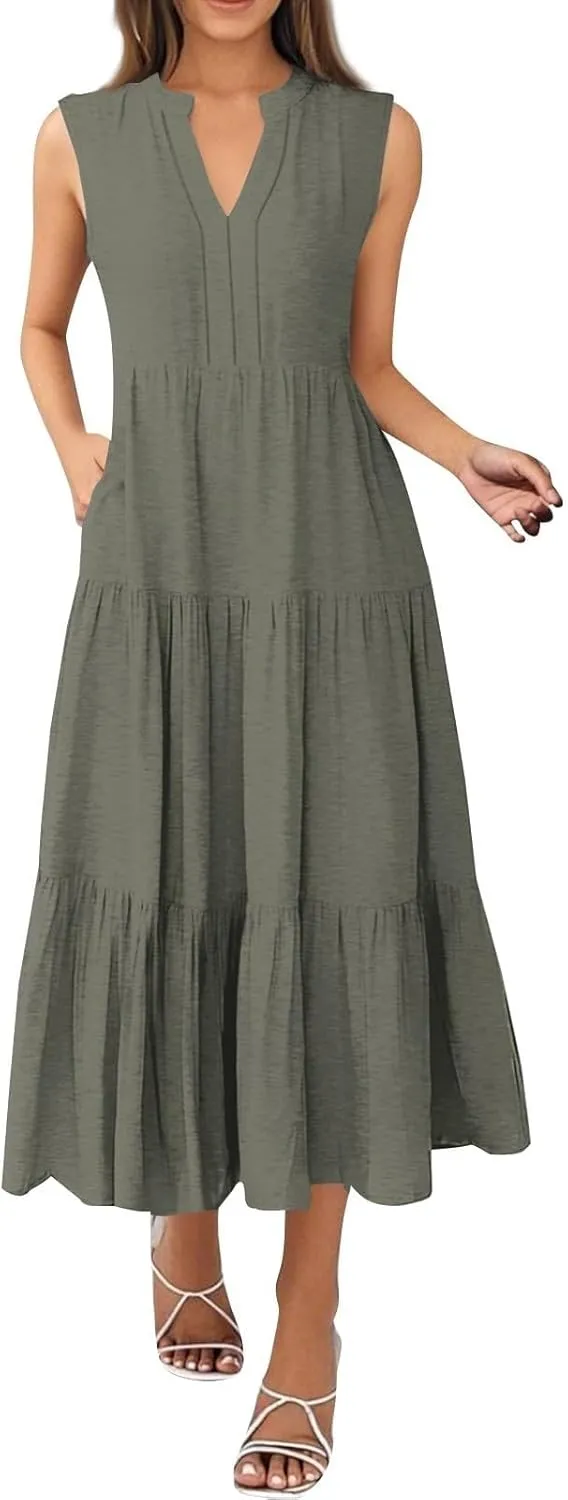 Womens Summer Casual Sleeveless V Neck Maxi Dress 2025 Spring Tie Waist A-Line Flowy Tiered Boho Long Beach Sundress