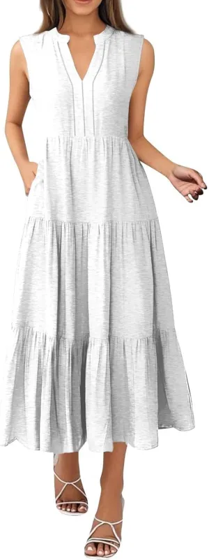 Womens Summer Casual Sleeveless V Neck Maxi Dress 2025 Spring Tie Waist A-Line Flowy Tiered Boho Long Beach Sundress