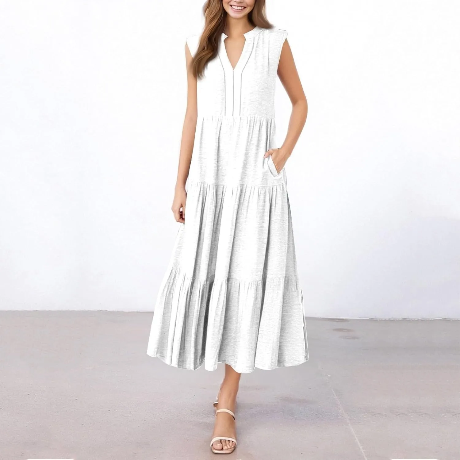 Womens Summer Casual Sleeveless V Neck Maxi Dress 2025 Spring Tie Waist A-Line Flowy Tiered Boho Long Beach Sundress