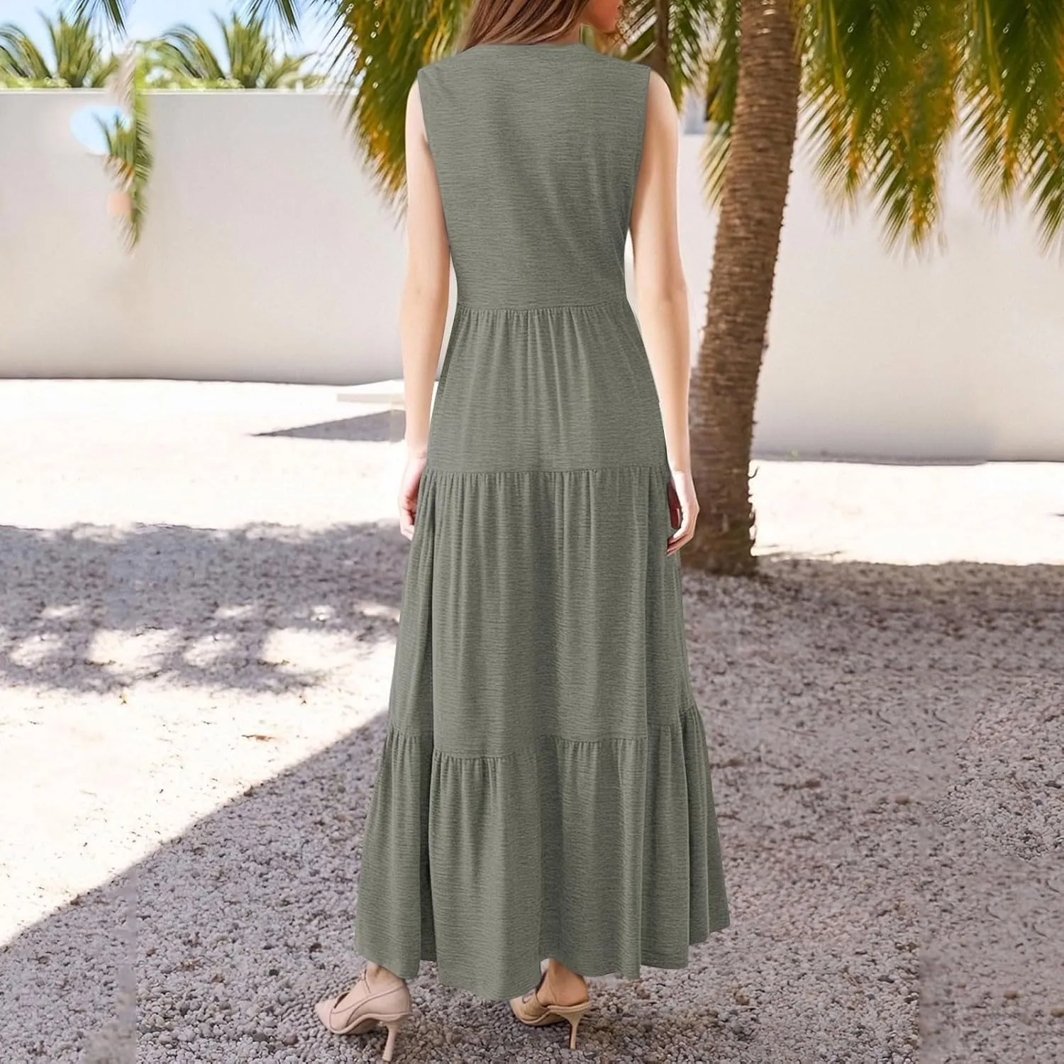 Womens Summer Casual Sleeveless V Neck Maxi Dress 2025 Spring Tie Waist A-Line Flowy Tiered Boho Long Beach Sundress