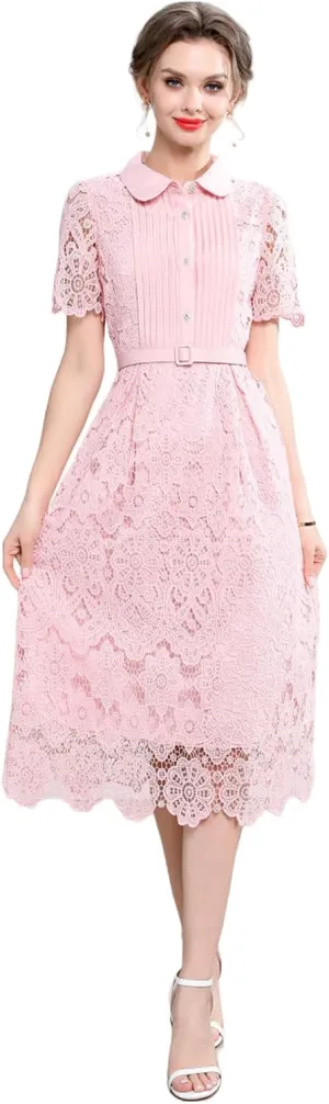 Women's Summer Elegant Slim-Fit Waist-Cinching Lace Hollowed-Out A-Line Long Dress