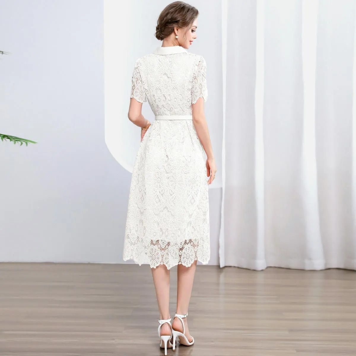 Women's Summer Elegant Slim-Fit Waist-Cinching Lace Hollowed-Out A-Line Long Dress