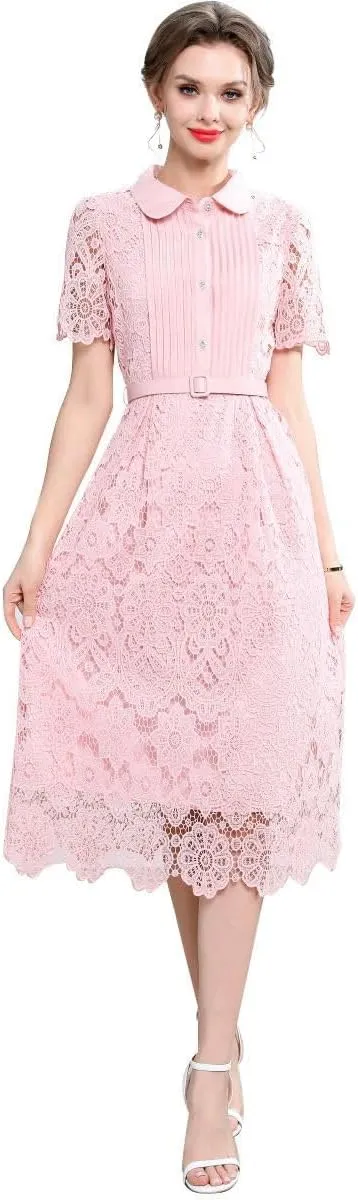 Women's Summer Elegant Slim-Fit Waist-Cinching Lace Hollowed-Out A-Line Long Dress