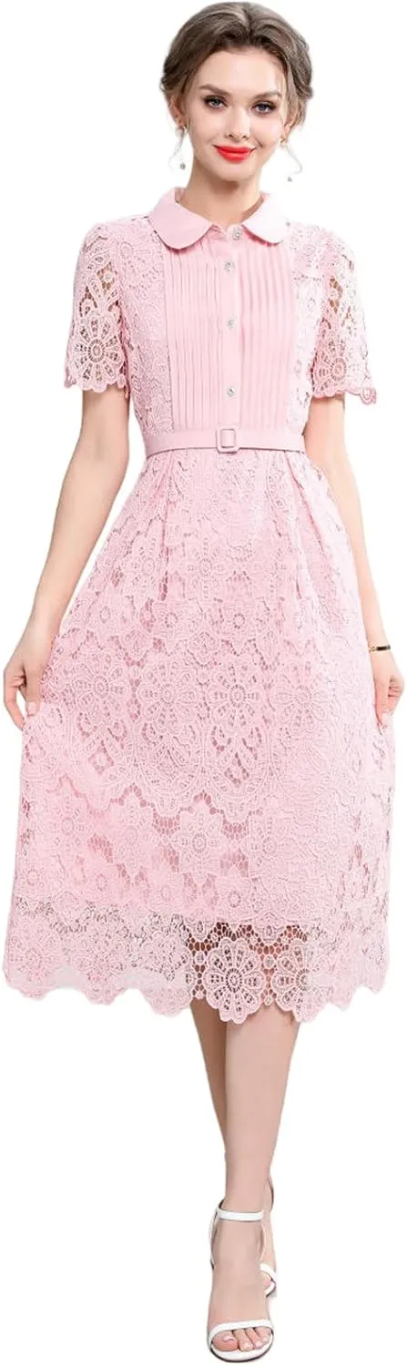 Women's Summer Elegant Slim-Fit Waist-Cinching Lace Hollowed-Out A-Line Long Dress