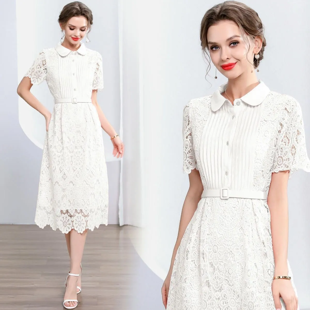 Women's Summer Elegant Slim-Fit Waist-Cinching Lace Hollowed-Out A-Line Long Dress