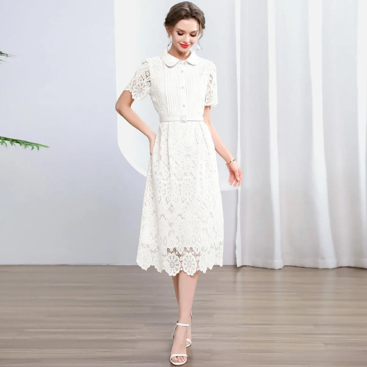 Women's Summer Elegant Slim-Fit Waist-Cinching Lace Hollowed-Out A-Line Long Dress