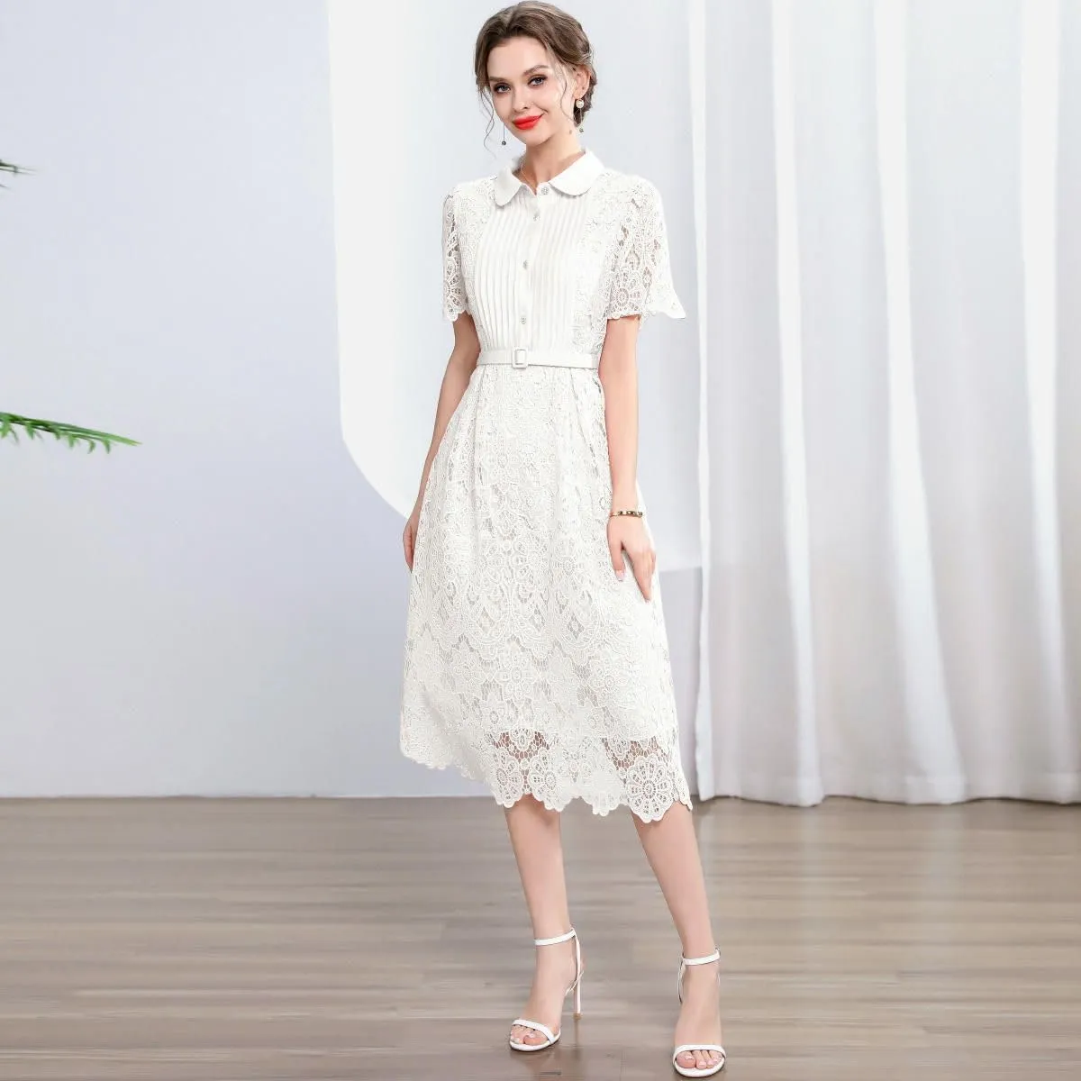 Women's Summer Elegant Slim-Fit Waist-Cinching Lace Hollowed-Out A-Line Long Dress