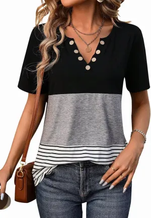 Womens Summer Tops V Neck Short Sleeves T Shirt Color Block Patchwork Stripe Tunic Top with Retro Button Decoration