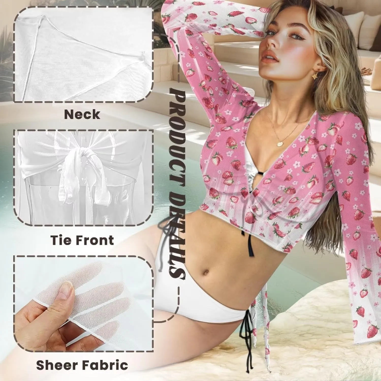 Women's Swim Beach Cover Up Long Sleeve Bathing Suit Swimsuit Coverup Sheer Cropped Lightweight Cardigan