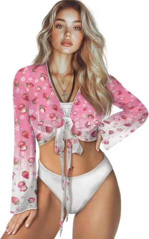 Women's Swim Beach Cover Up Long Sleeve Bathing Suit Swimsuit Coverup Sheer Cropped Lightweight Cardigan