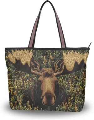 Womens Tote Bags Moos in Bush Print Reusable Grocery Handbag Bags with Zipper Large Size
