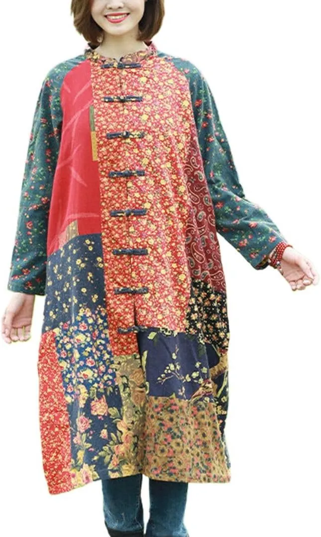 Women's Trench Coat Cotton Linen Floral Print Jacket Chinese Style Patchwork Outwear