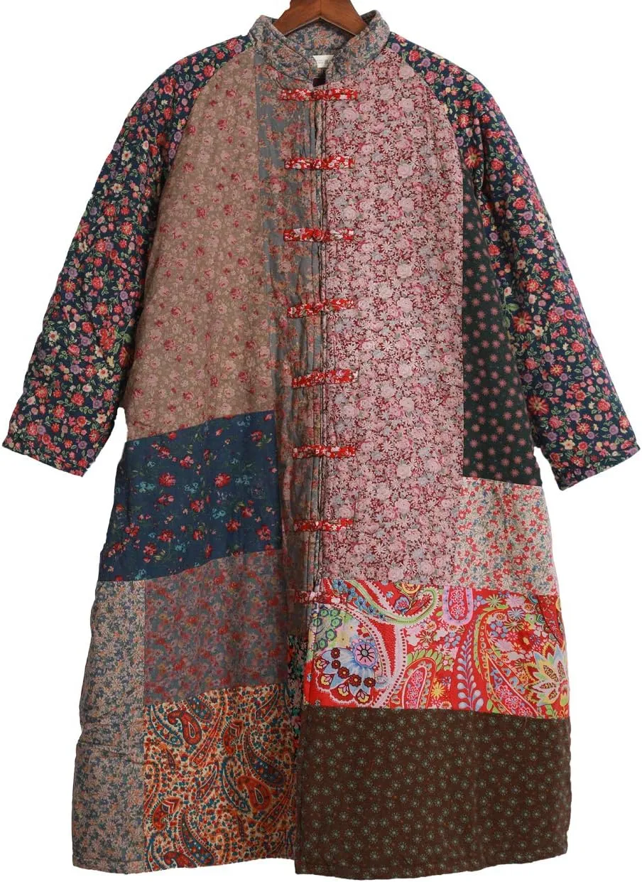 Women's Trench Coat Cotton Linen Floral Print Jacket Chinese Style Patchwork Outwear