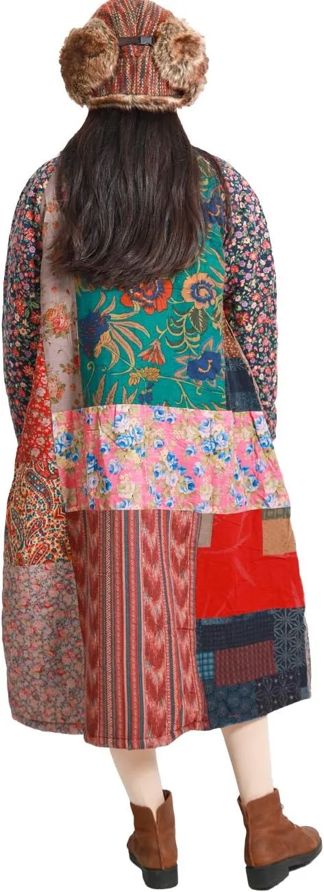 Women's Trench Coat Cotton Linen Floral Print Jacket Chinese Style Patchwork Outwear