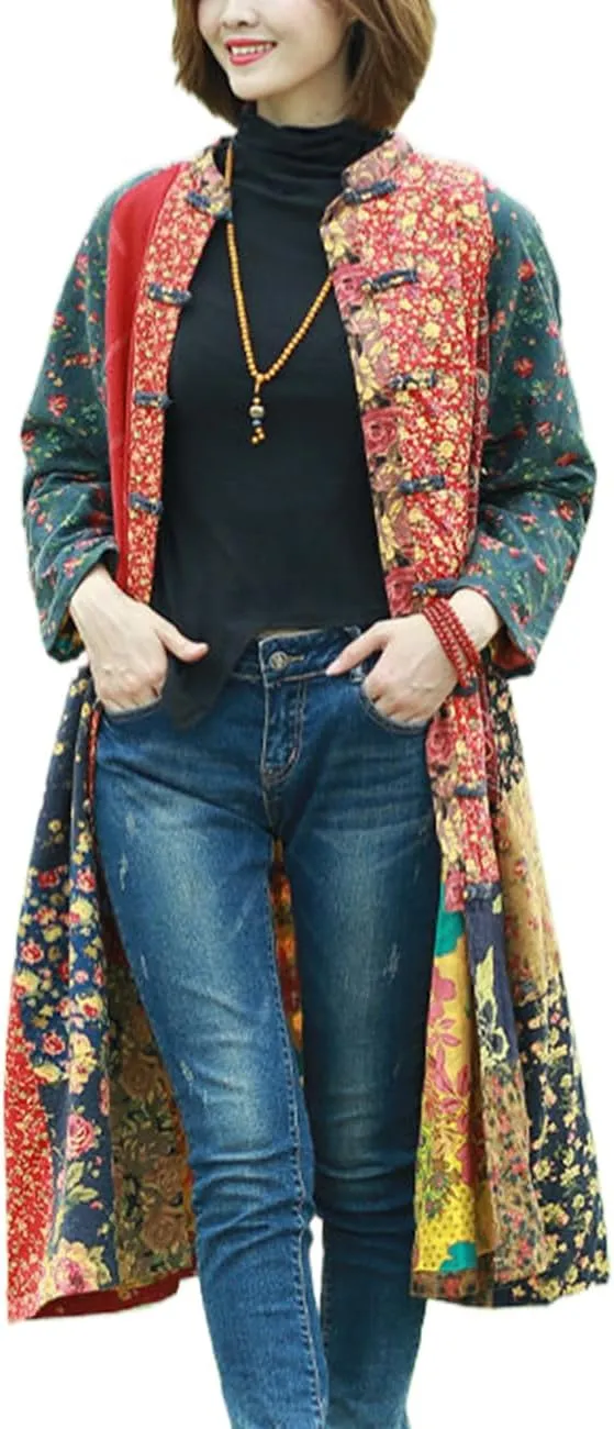 Women's Trench Coat Cotton Linen Floral Print Jacket Chinese Style Patchwork Outwear