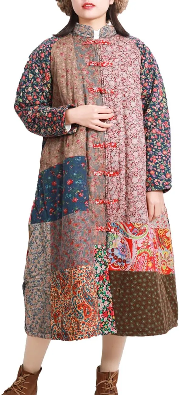 Women's Trench Coat Cotton Linen Floral Print Jacket Chinese Style Patchwork Outwear