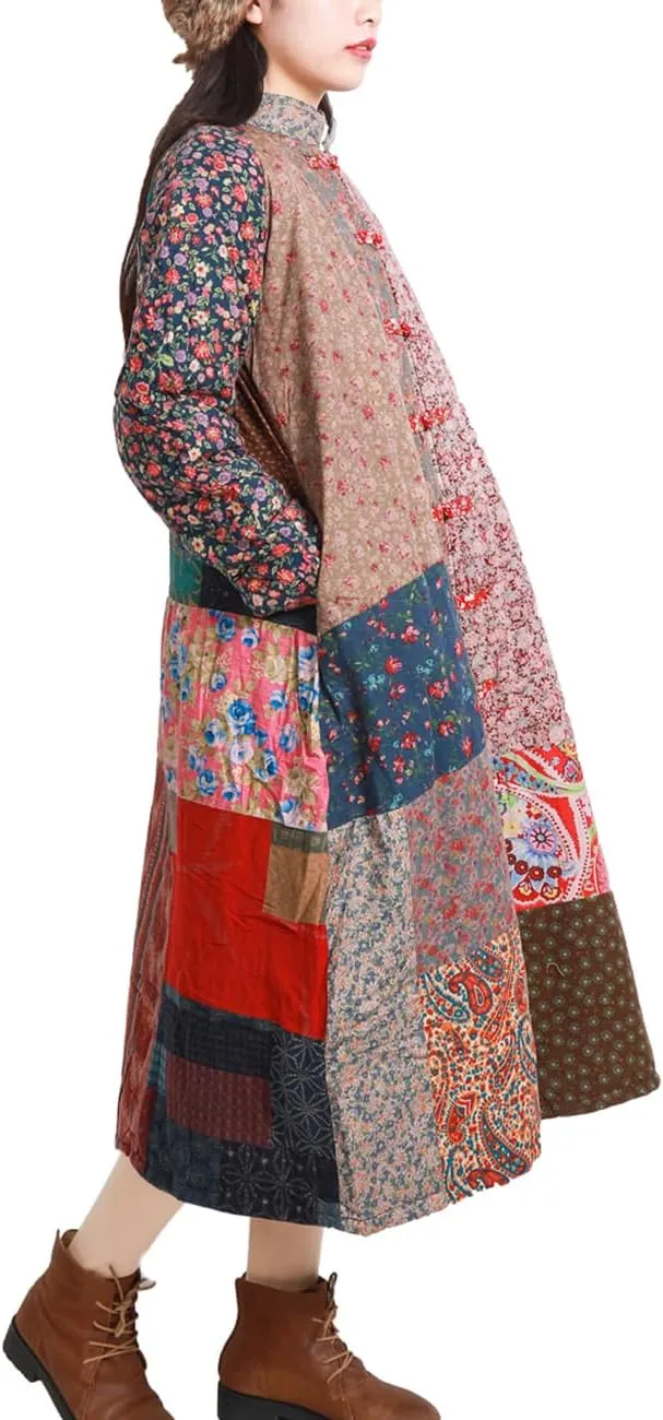 Women's Trench Coat Cotton Linen Floral Print Jacket Chinese Style Patchwork Outwear