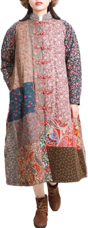 Women's Trench Coat Cotton Linen Floral Print Jacket Chinese Style Patchwork Outwear
