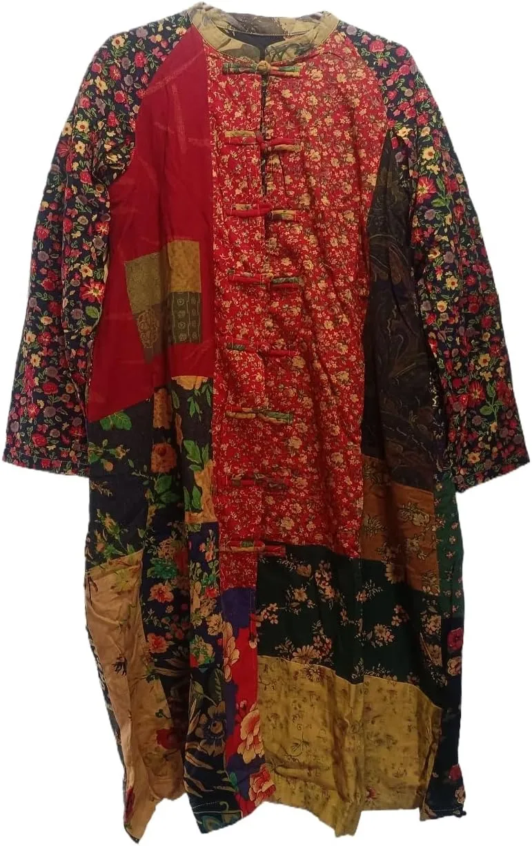 Women's Trench Coat Cotton Linen Floral Print Jacket Chinese Style Patchwork Outwear