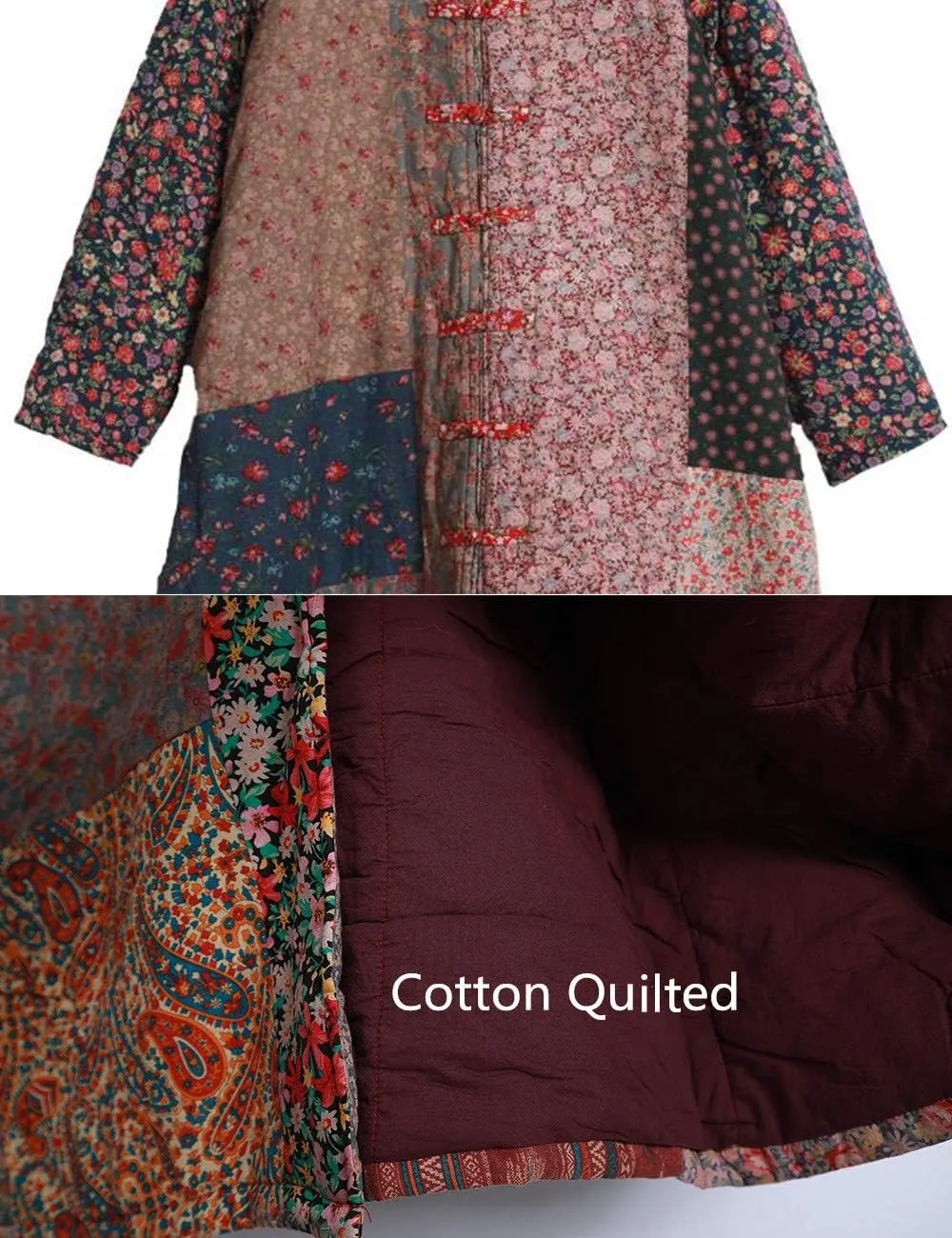 Women's Trench Coat Cotton Linen Floral Print Jacket Chinese Style Patchwork Outwear