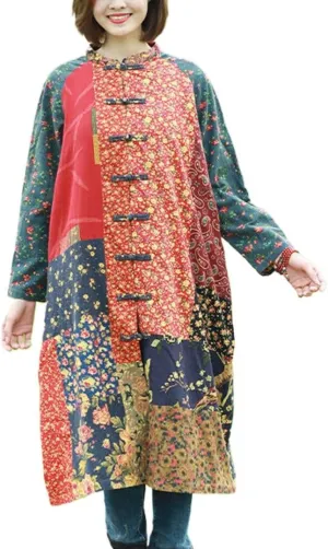 Women's Trench Coat Cotton Linen Floral Print Jacket Chinese Style Patchwork Outwear