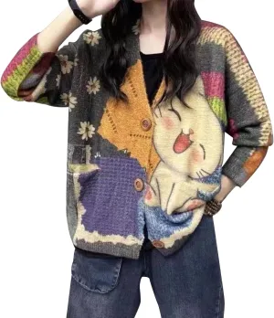 Women’s V Neck Oversized Cat Print Cardigan, Boho Patchwork Knit Sweater Long Sleeve Button Front with Pockets