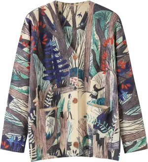 Women’s V Neck Oversized Cat Print Cardigan, Boho Patchwork Knit Sweater Long Sleeve Button Front with Pockets