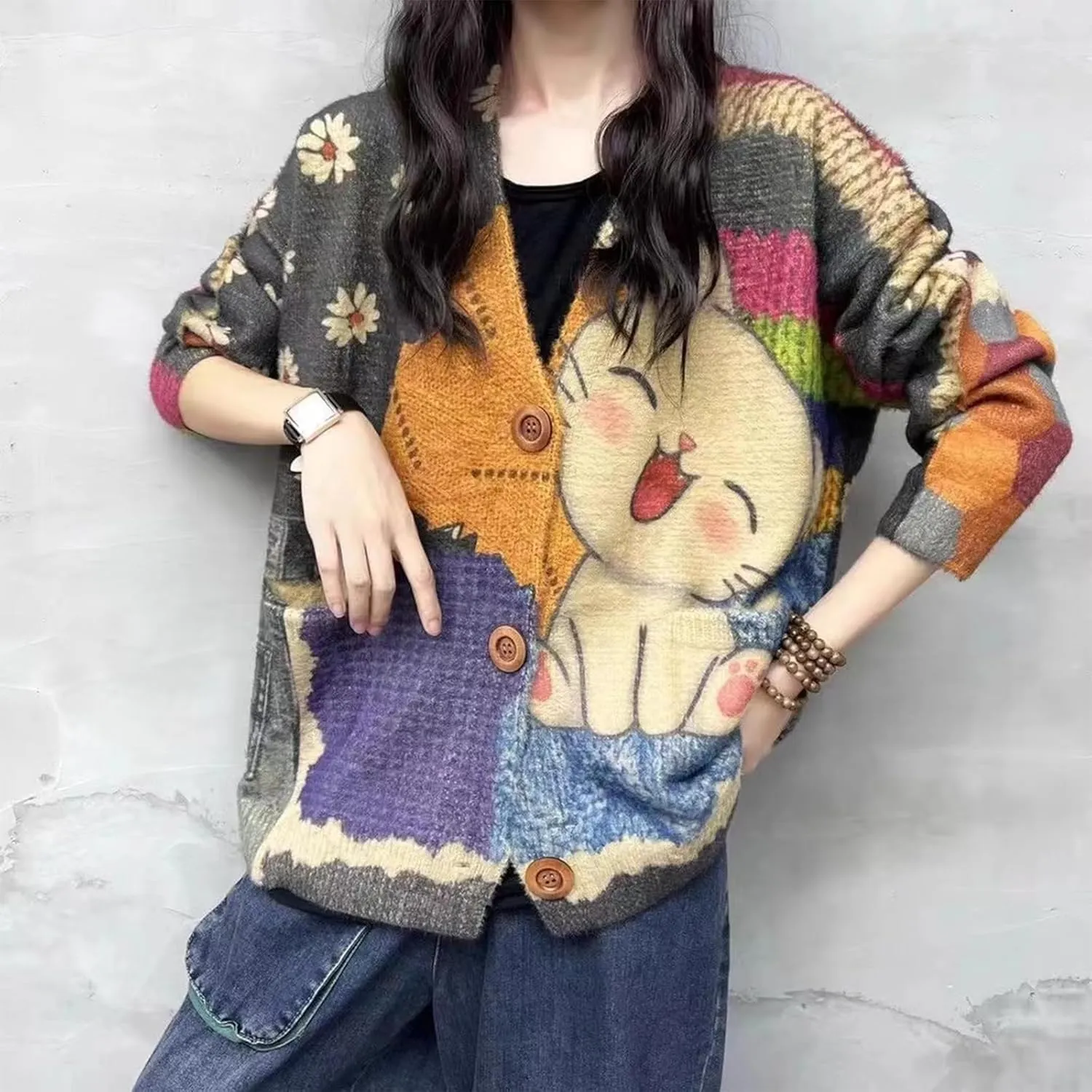 Women’s V Neck Oversized Cat Print Cardigan, Boho Patchwork Knit Sweater Long Sleeve Button Front with Pockets