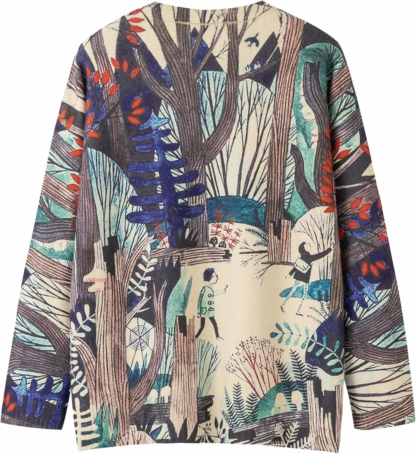 Women’s V Neck Oversized Cat Print Cardigan, Boho Patchwork Knit Sweater Long Sleeve Button Front with Pockets