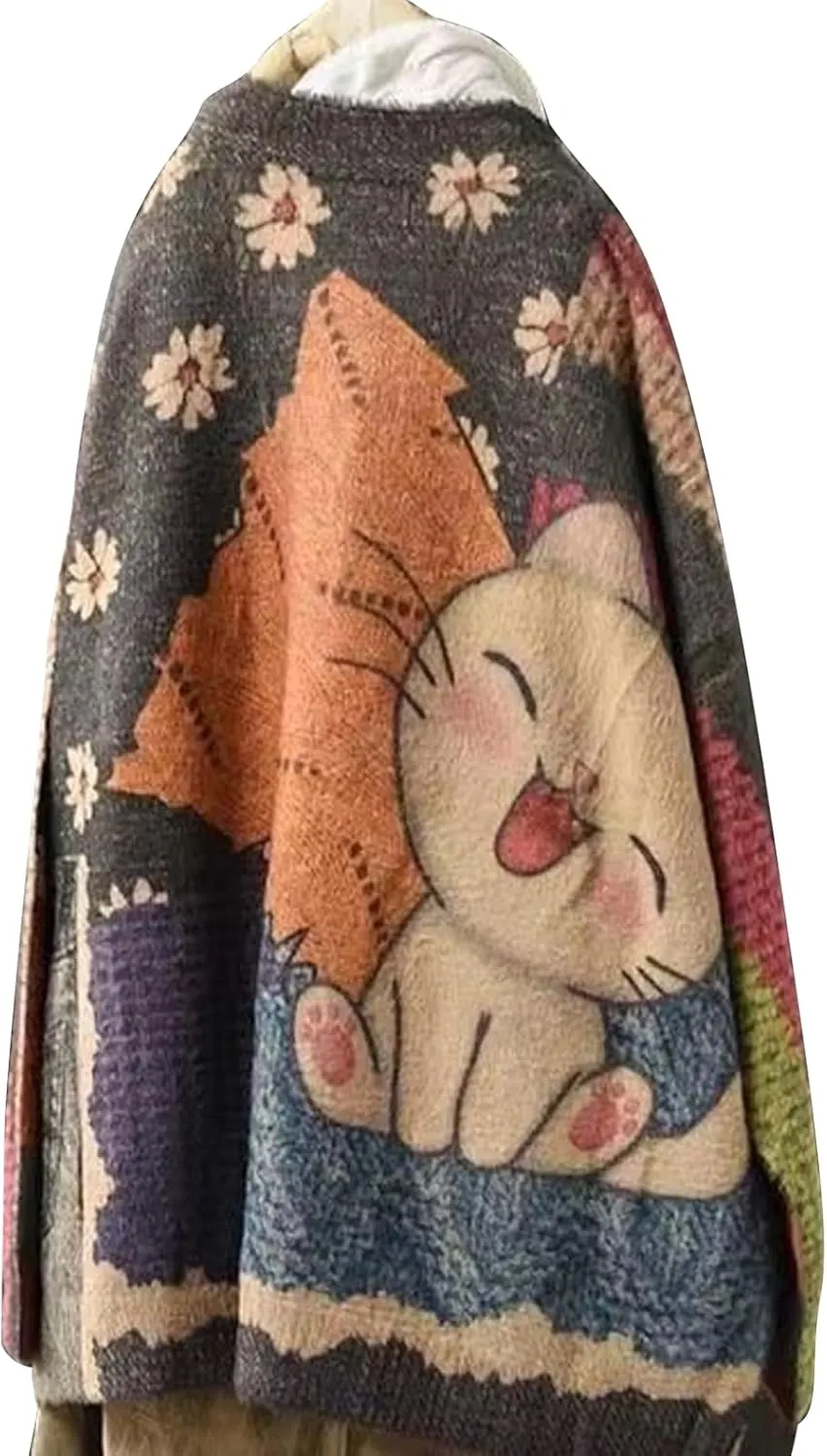 Women’s V Neck Oversized Cat Print Cardigan, Boho Patchwork Knit Sweater Long Sleeve Button Front with Pockets