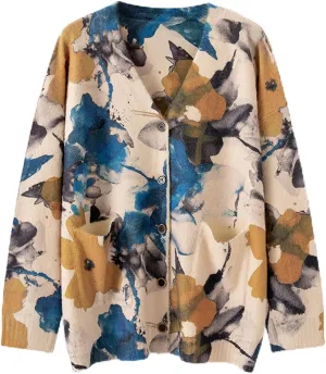 Women’s V Neck Oversized Cat Print Cardigan, Boho Patchwork Knit Sweater Long Sleeve Button Front with Pockets