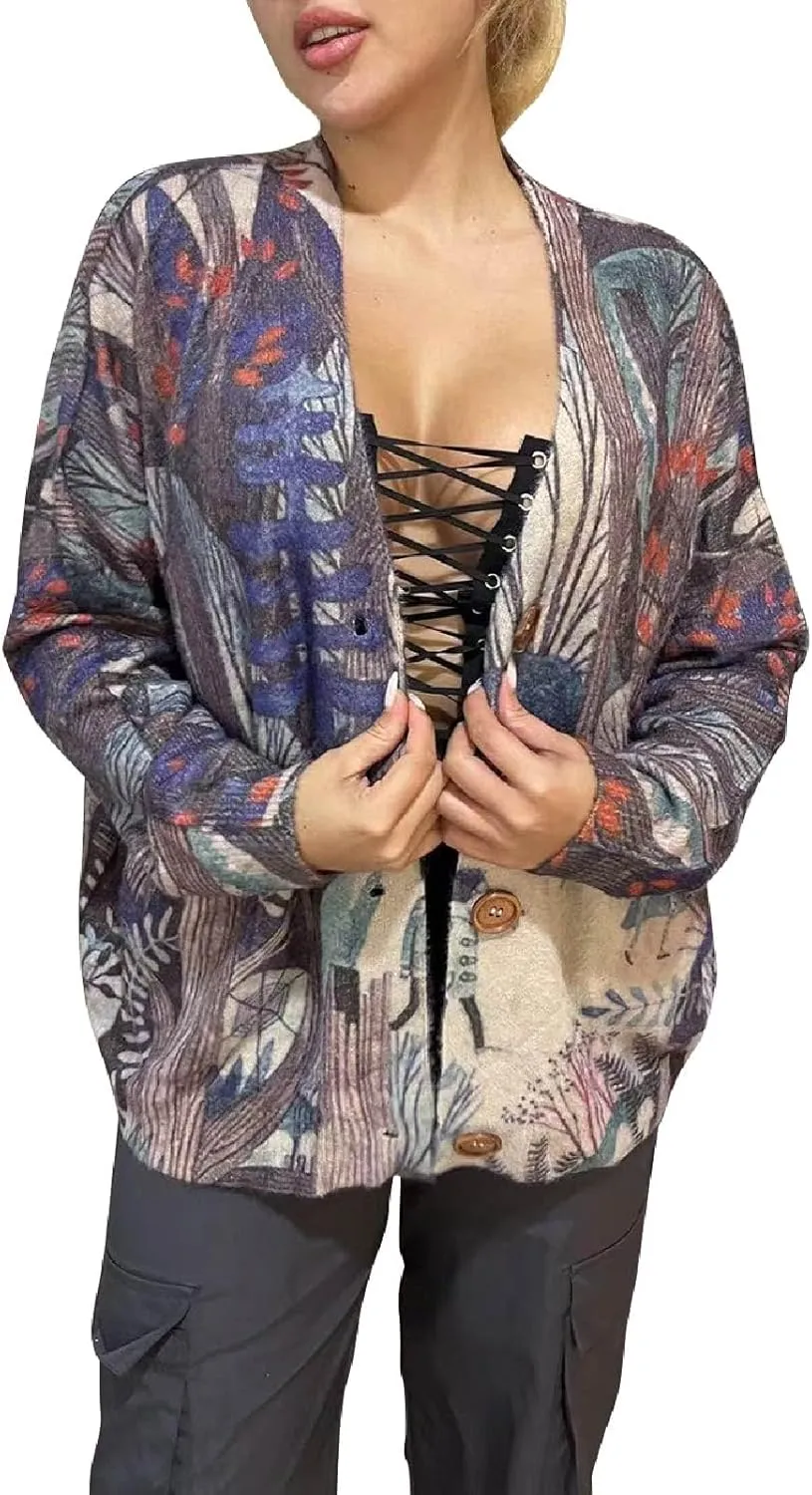 Women’s V Neck Oversized Cat Print Cardigan, Boho Patchwork Knit Sweater Long Sleeve Button Front with Pockets