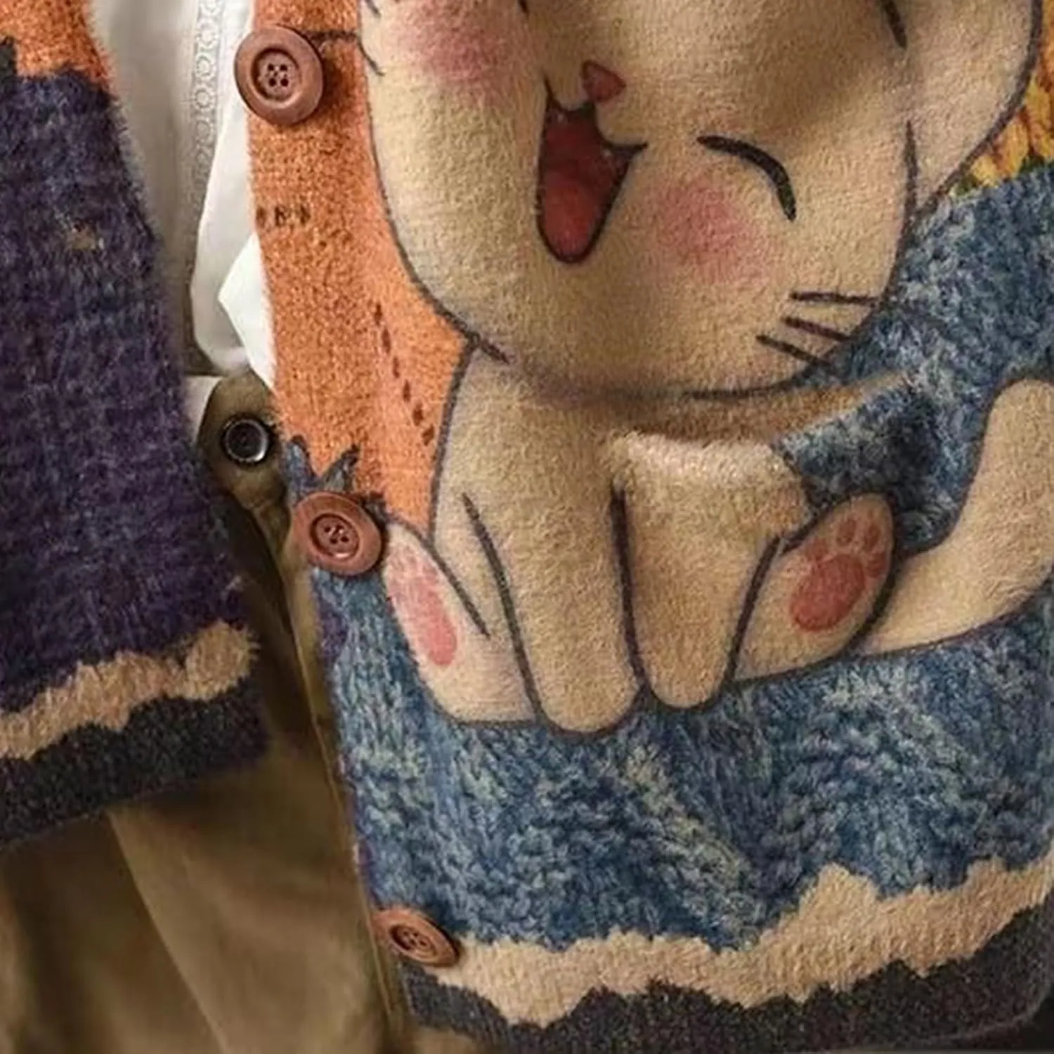 Women’s V Neck Oversized Cat Print Cardigan, Boho Patchwork Knit Sweater Long Sleeve Button Front with Pockets