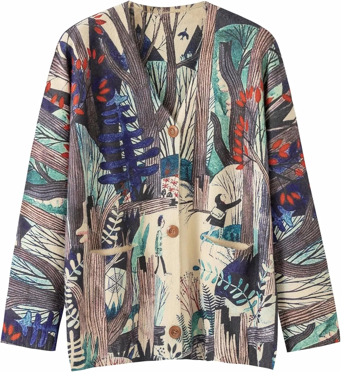 Women’s V Neck Oversized Cat Print Cardigan, Boho Patchwork Knit Sweater Long Sleeve Button Front with Pockets