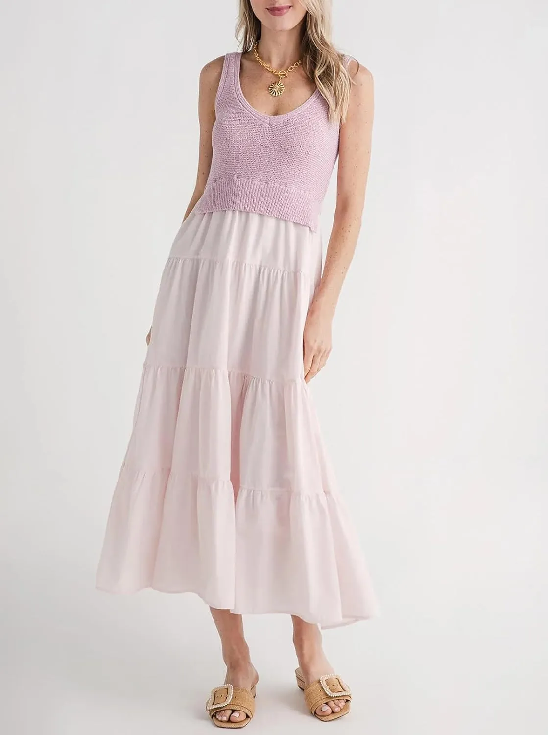 Women's V Neck Sleeveless Dress Patchwork Knit Midi Dress Casual Long Flowy Summer Tank Dress