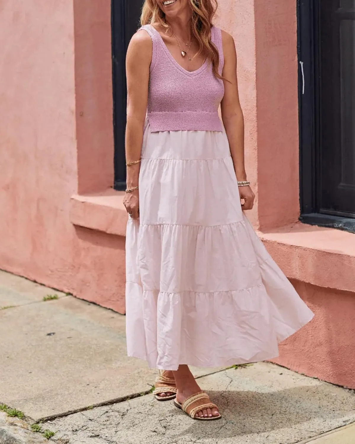 Women's V Neck Sleeveless Dress Patchwork Knit Midi Dress Casual Long Flowy Summer Tank Dress
