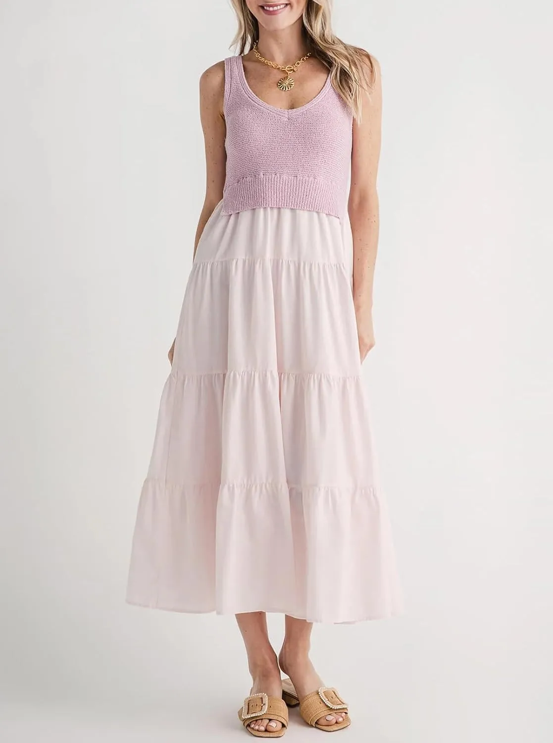Women's V Neck Sleeveless Dress Patchwork Knit Midi Dress Casual Long Flowy Summer Tank Dress
