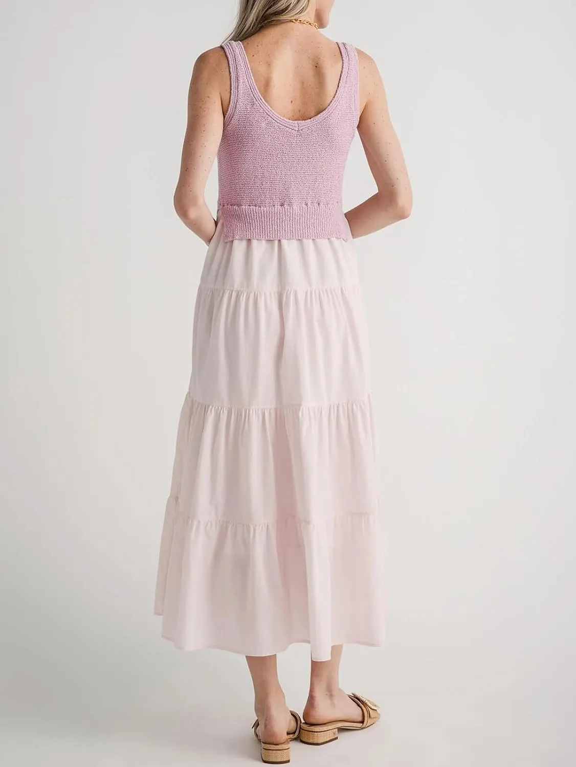 Women's V Neck Sleeveless Dress Patchwork Knit Midi Dress Casual Long Flowy Summer Tank Dress