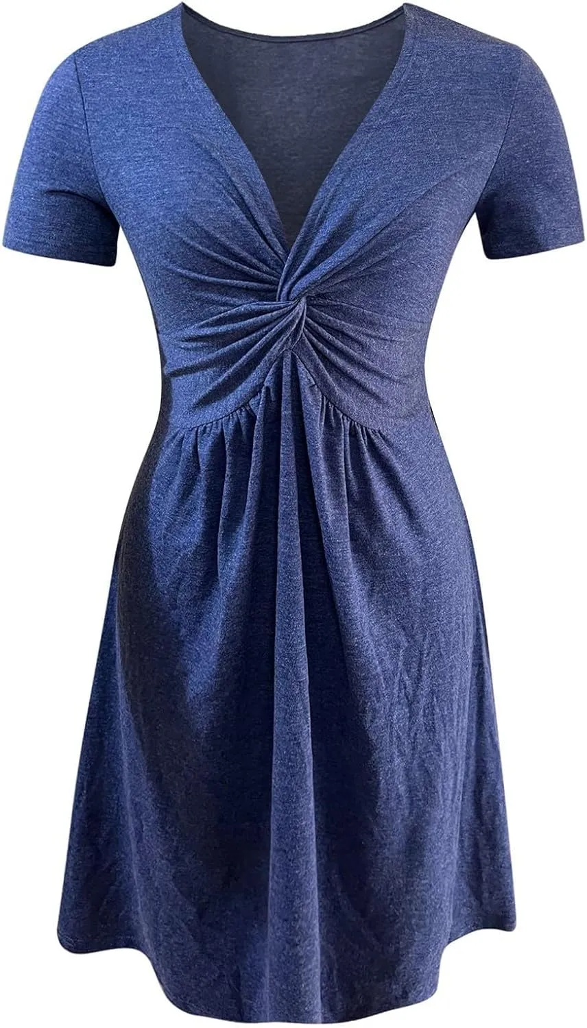 Womens V Neck Tank A Line Dresses Twist Front Ruffle Bodycon Sundress 2025 Summer Elegant Sleeveless Party Tunic