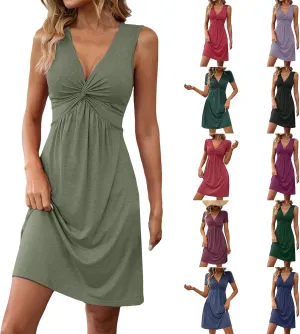 Womens V Neck Tank A Line Dresses Twist Front Ruffle Bodycon Sundress 2025 Summer Elegant Sleeveless Party Tunic